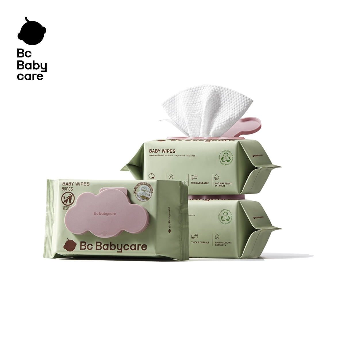 Bc Babycare Unscented Baby Wipes, 3 Pack, 80 Count/Pack, Total 240 Count, Hypoallergenic, Flip-Top Container