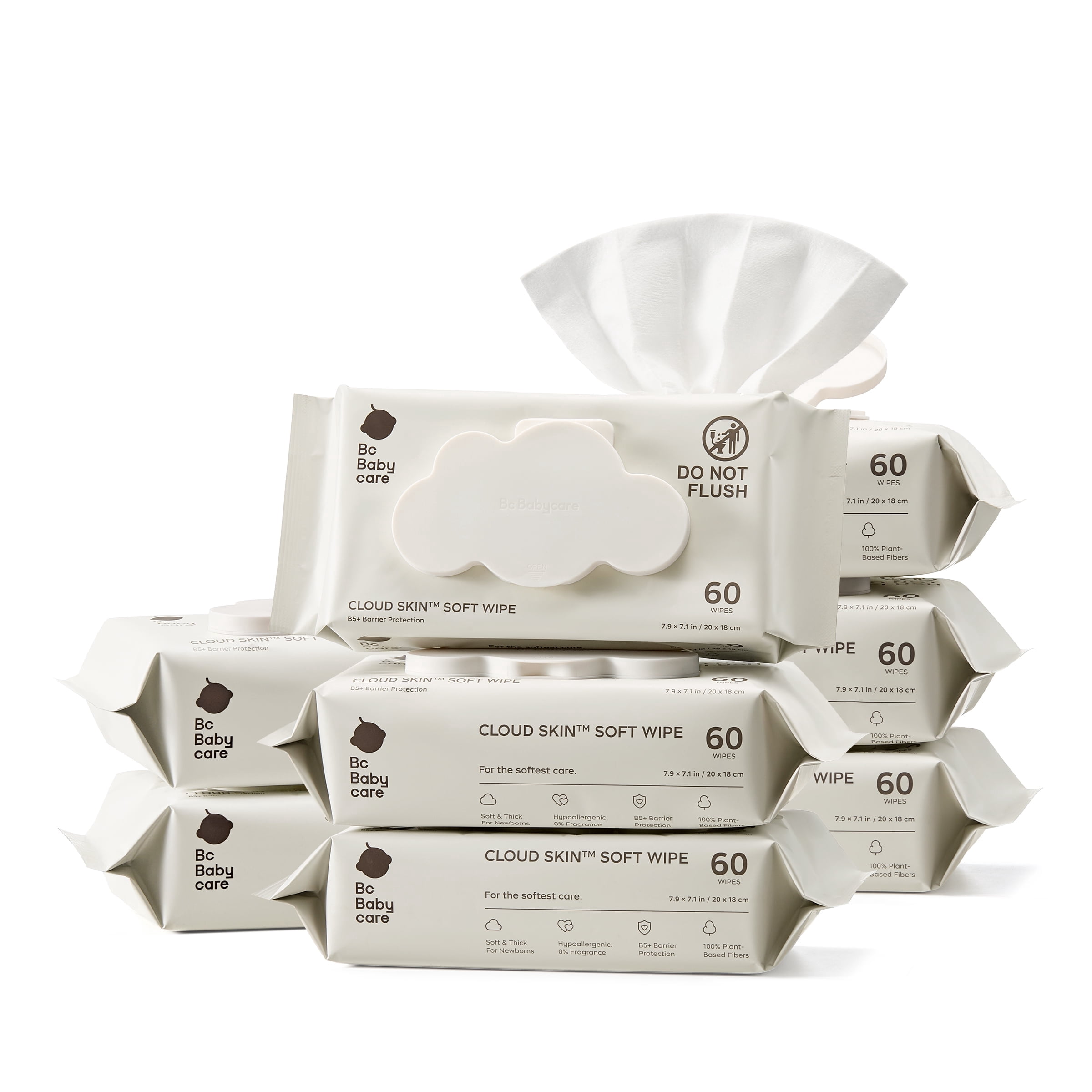 Bc Babycare Cloud Skin Soft Baby Wipes, Hypoallergenic Plant-Based, Fragrance-Free, 8 Packs, 480 Pcs