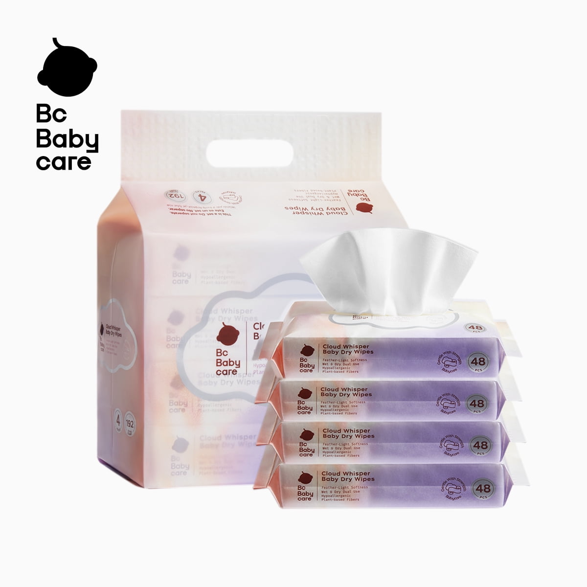 Bc Babycare Dry Wipes for Adults and Babies, Soft, Hypoallergenic,Dual-Use Total 192ct (48ct,4 Pack)