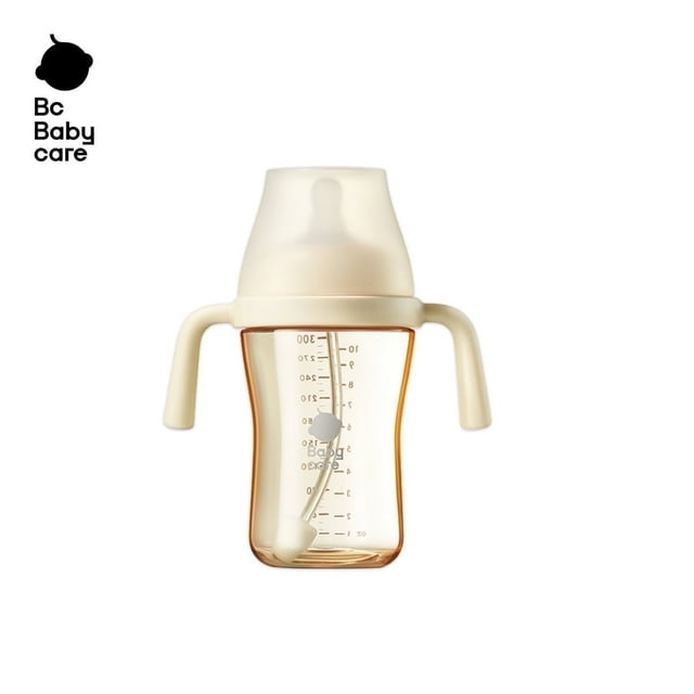 Bc Babycare Natural Flow Anti-Colic Sippy Cup,Weighted Straw Cup  Baby Water Bottles with Nipples Handles,10oz,Beige