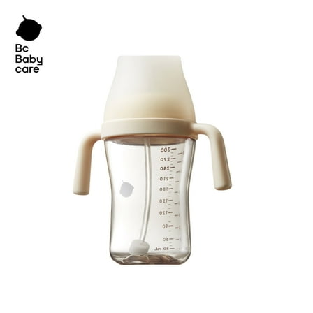 Bc Babycare Straw Cups for Toddlers 1-3, Weighted Straw Cup with Handle & Nipples, 10oz Baby Water Bottles, Beige