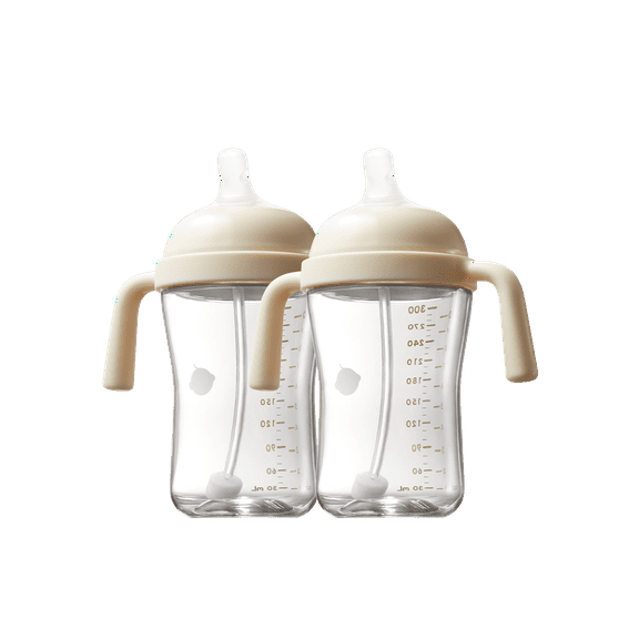 Bc Babycare Straw Cups for Toddlers 1-3, Weighted Straw Cup with Handle & Nipples, 10oz Baby Water Bottles, Beige