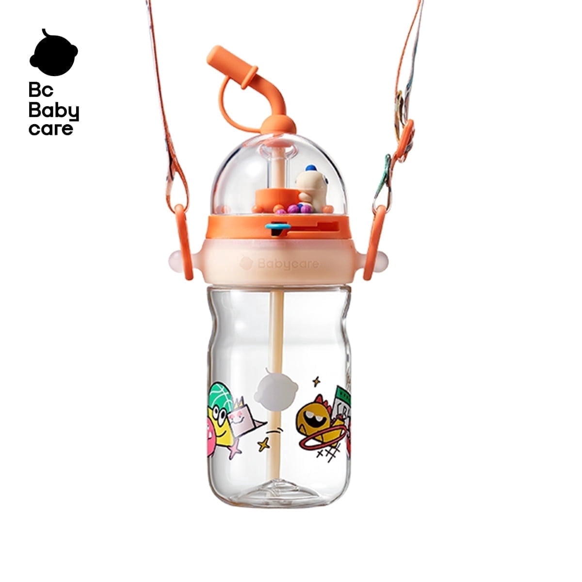 Bc Babycare T-REX Drinking Water Bottle with Straw, 16.91oz, Orange, Cartoon, with Strap