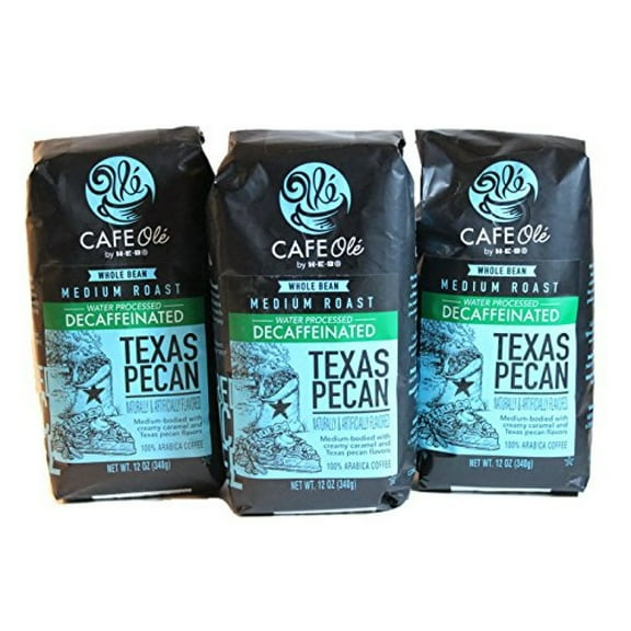 BcTlyInc Cafe Ole Whole Bean Coffee 12oz Bag (Pack of 3) (Decaf Texas Pecan - Medium Dark Roast (Full City))