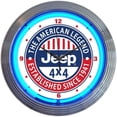 thumbnail image 1 of "BcTlyInc Jeep The American Legend Clock, 15 Inch Diameter with Blue Neon 8JEEPX, Features a chrome finished rim and a blue neon tube By Brand BcTlyInc", 1 of 1