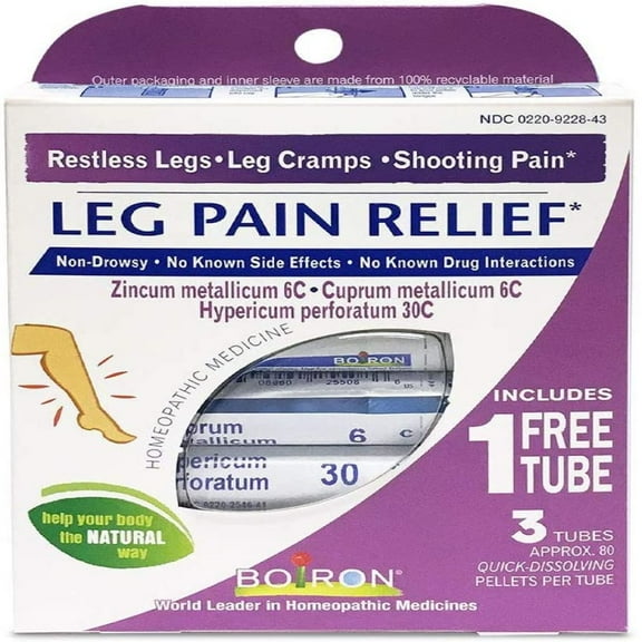 "BcTlyInc Leg Pain Relief, 3 Pack of 80-Pellet Tubes, Zincum metallicum 6C Cuprum mettalicum, 6C Hypericum perforatum 30C, Homeopathic Medicine to Relieve Restless Legs, Blue"