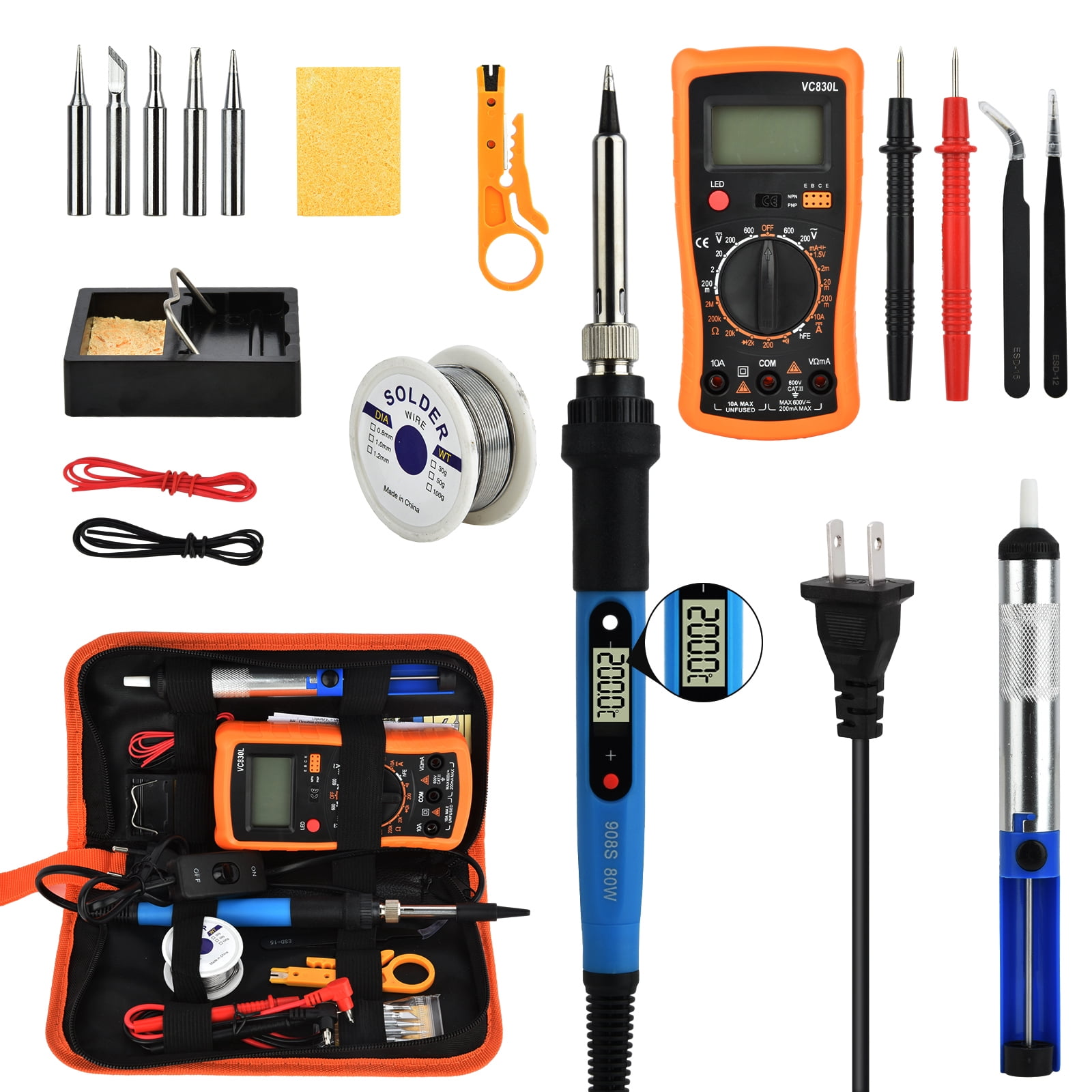 Bcamelys Soldering Iron Kit with Multimeter,Digital Display Electric Soldering Iron Tool Set 18Pcs