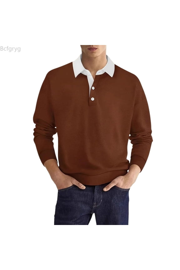 Autumn Long Sleeve Lapel Button Down Men's Casual Top Po Lo Shirt Men's T Shirts Brown XXL