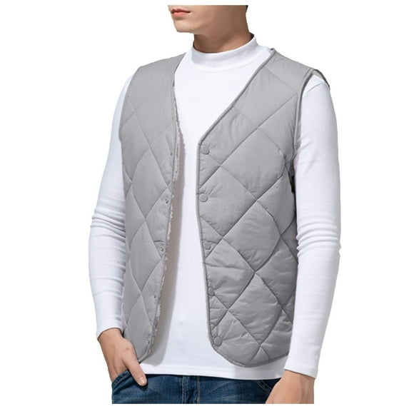 Bcfgryg Autumn Winter Plus Fleece Vest Coats Solid Color Warm V Neck Pockets Sleeveless Jackets Lightweight Men's Jacket For Hiking Gray XL