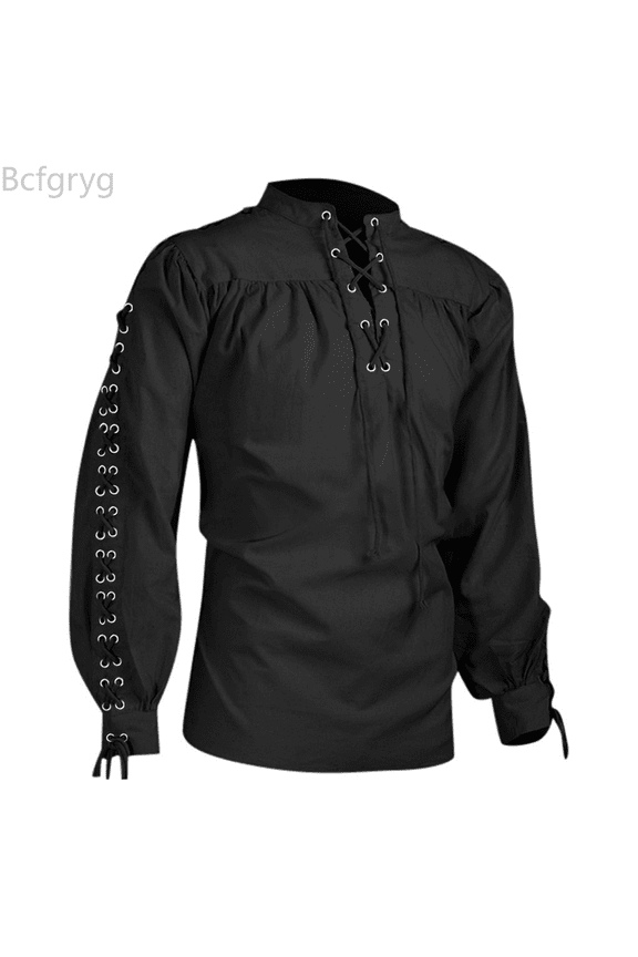 High Quality Fashion Men Bandage Long Sleeve Shirt Gothic Man Blouse Western Shirts Black S