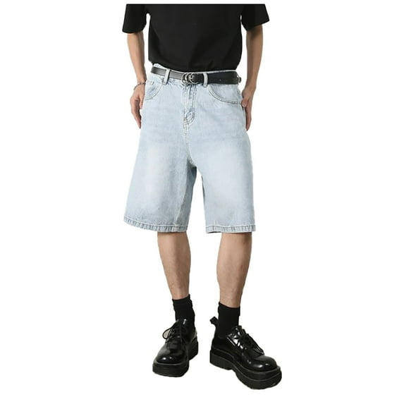 Bcfgryg Loose Vintage Casual Wide Legged Straight Leg Denim Shorts Men's Shorts Blue L