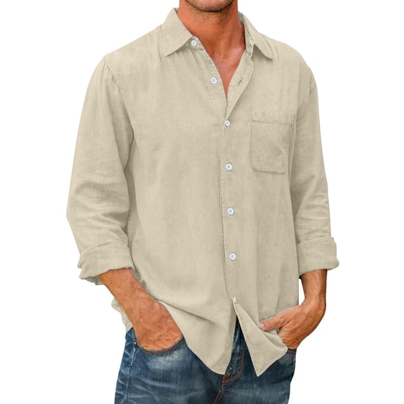 Bcfgryg Male Casual Autumn Solid Cotton Pocket Shirt Turn Down Collar Button Long Sleeve Shirt Blouse Men's Casual Shirts