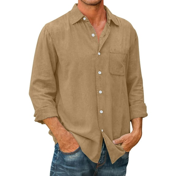 Bcfgryg Male Casual Autumn Solid Cotton Pocket Shirt Turn Down Collar Button Long Sleeve Shirt Blouse Men's Casual Shirts