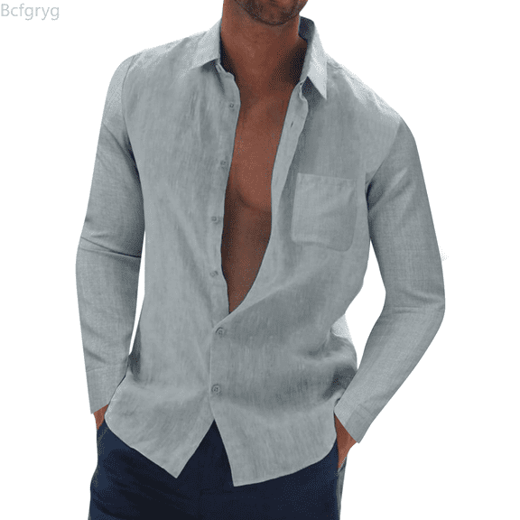 Bcfgryg Male Casual Autumn Solid Pocket Shirt Turn Down Collar Button Long Sleeve Shirt Blouse Big and Tall Shirts Gray XL