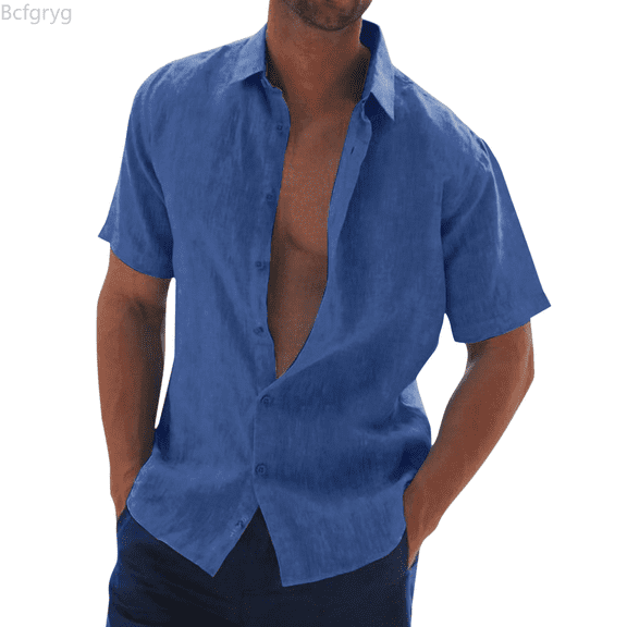 Bcfgryg Male Casual Solid Shirt Short Sleeve Turn Down Collar Shirt Button Formal Shirt Men Shirts Casual Blue XXXL