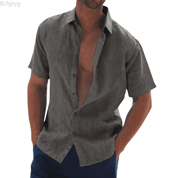 Bcfgryg Male Casual Solid Shirt Short Sleeve Turn Down Collar Shirt Button Formal Shirt Men Shirts Casual Gray M
