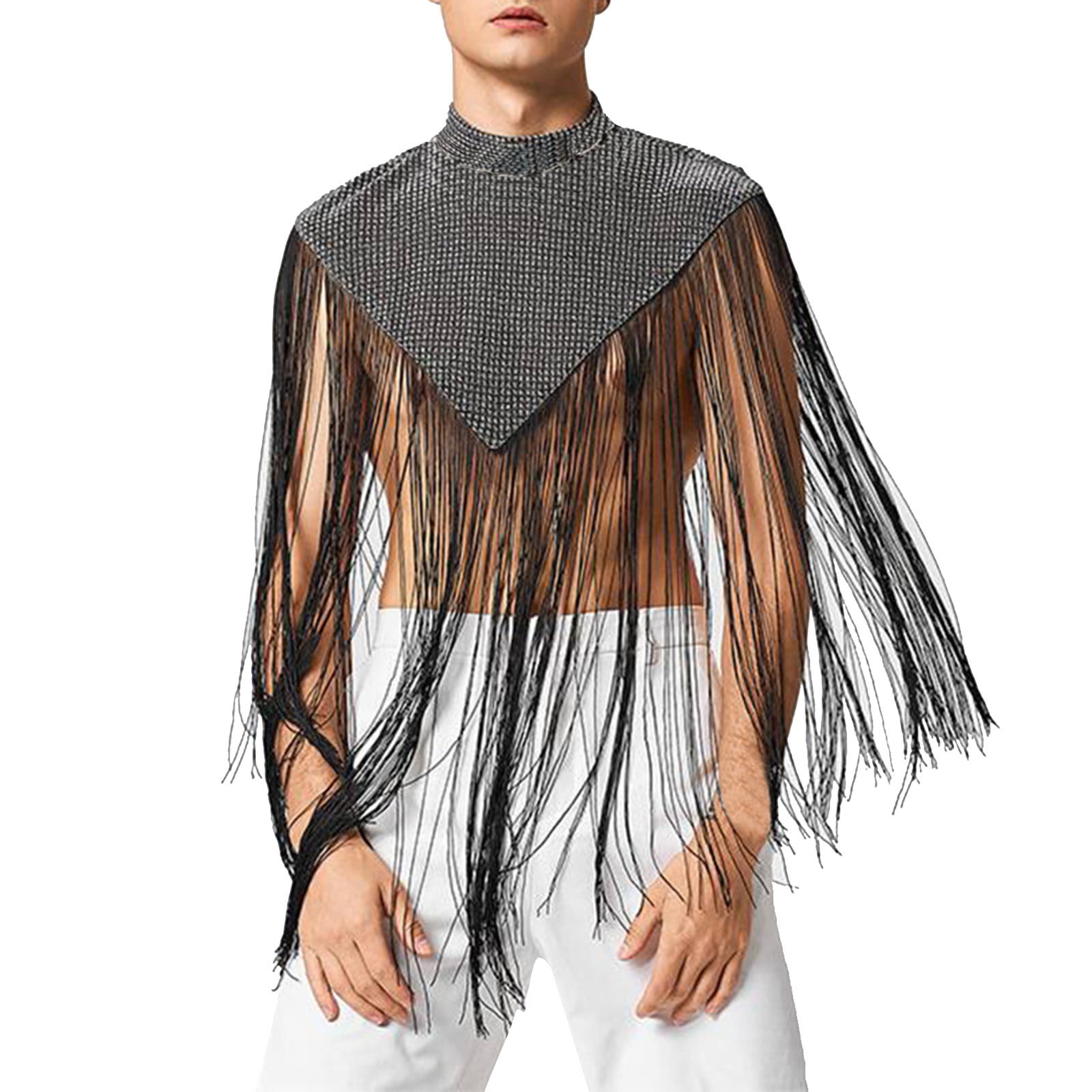 Bcfgryg Male Paneled Sleeveless Tank Top Sexy Cape Solid Color Fringe ...