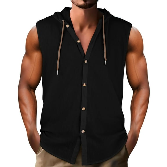 Bcfgryg Male Sleeveless Shirt Summer Casual Button Hooded Hawaii Sleeveless Shirts Lightweight Men's Vest