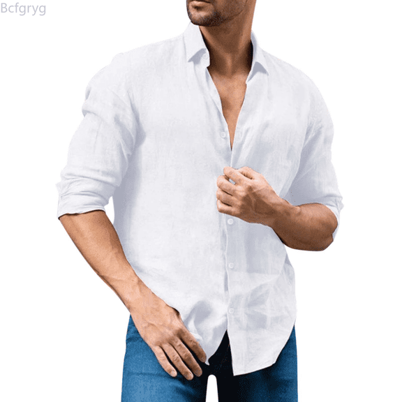 Bcfgryg Male Solid Casual Plus Size Loose Shirt Mens Turndown Collar Long Sleeve Shirt Men Shirts Casual White L