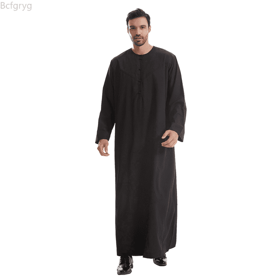 Bcfgryg Male Solid Color Long Sleeve Robe Arabic Clothes Middle Skirt Robe Big and Tall Shirts Black L