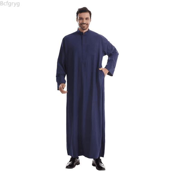 Bcfgryg Male Solid Color Long Sleeve Robe Arabic Clothes Middle Skirt Robe Big and Tall Shirts Blue M