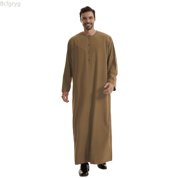 Bcfgryg Male Solid Color Long Sleeve Robe Arabic Clothes Middle Skirt Robe Big and Tall Shirts Brown XXXL