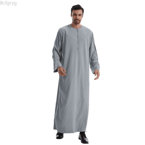 Bcfgryg Male Solid Color Long Sleeve Robe Arabic Clothes Middle Skirt Robe Big and Tall Shirts Gray L