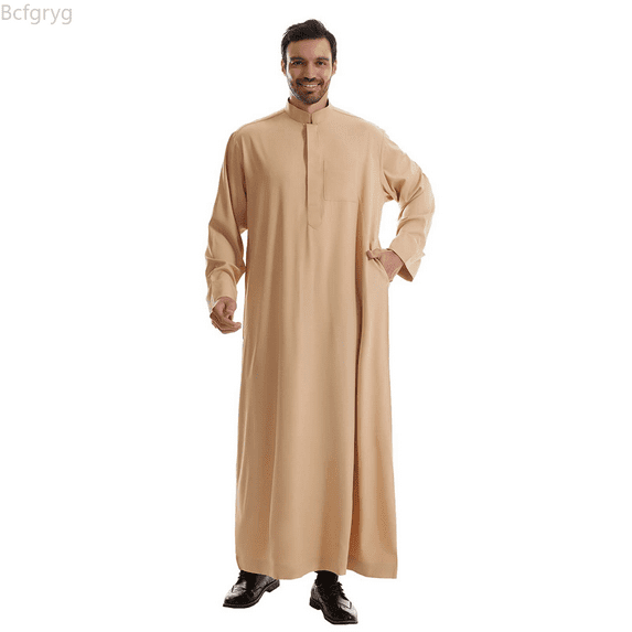 Bcfgryg Male Solid Color Long Sleeve Robe Arabic Clothes Middle Skirt Robe Big and Tall Shirts Yellow L