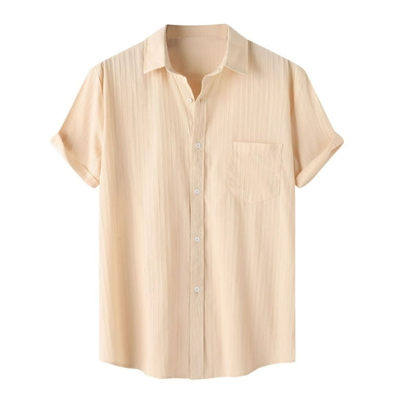 Bcfgryg Male Solid Color Shirt Solid Color Short Sleeve Lapel Button Down Shirt Men's Linen Shirts Summer