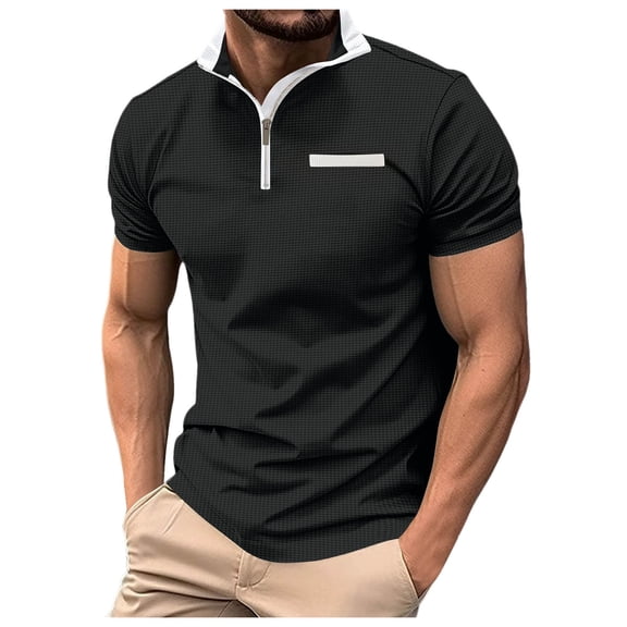 Bcfgryg Male Solid Color With Zip Pocket Short Sleeve Sport Casual Tennis Shirt Slim Fit Dress Shirts Men Black