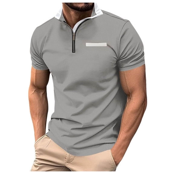 Bcfgryg Male Solid Color With Zip Pocket Short Sleeve Sport Casual Tennis Shirt Slim Fit Dress Shirts Men Gray