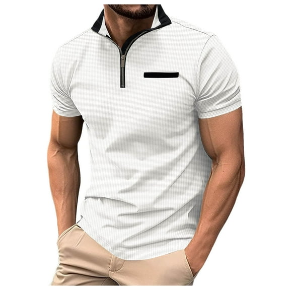Bcfgryg Male Solid Color With Zip Pocket Short Sleeve Sport Casual Tennis Shirt Slim Fit Dress Shirts Men White