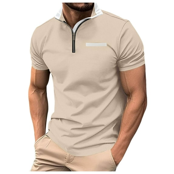 Bcfgryg Male Solid Color With Zip Pocket Short Sleeve Sport Casual Tennis Shirt Slim Fit Dress Shirts Men Yellow