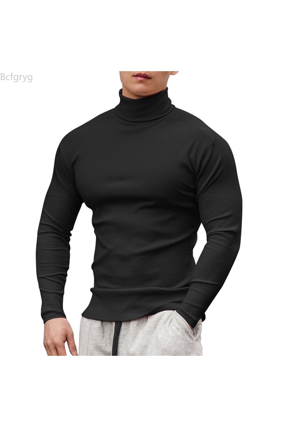 Male Spring And Summer High Necke Tops With Solid Color Long Sleeve Casual Elastic Slim Fit T Shirts Plain T Shirts for Men Black XL