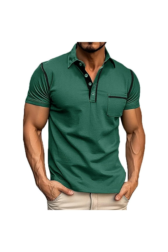 Male Spring Short Sleeve Solid Color Pocket Letter Stripe Stitching Raglan Sleeve Top Men's Performance Knit Shirt For Summer