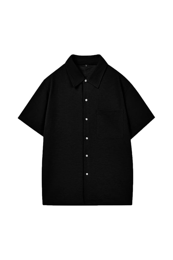 Male Summer Button Down Lapel Cardigan Textured Vacation Light Mature Shirt Plain Casual Shirt Casual Shirts For Men Black