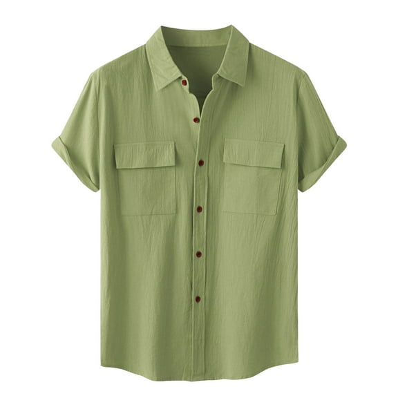 Bcfgryg Male Summer Hawaii Solid Shirt Short Sleeve Double Pocket Turn Down Collar Button Shirt Business Shirts Men