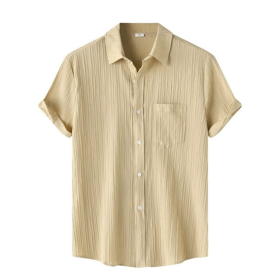 Bcfgryg Male Summer Hawaii Solid Shirt Short Sleeve Pocket Turn Down Button Shirt Business Shirts Men