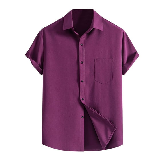 Bcfgryg Male Summer Hawaii Solid Shirt Short Sleeve Pocket Turn Down Button Shirt Tops Men's Slim Fit Dress Shirts