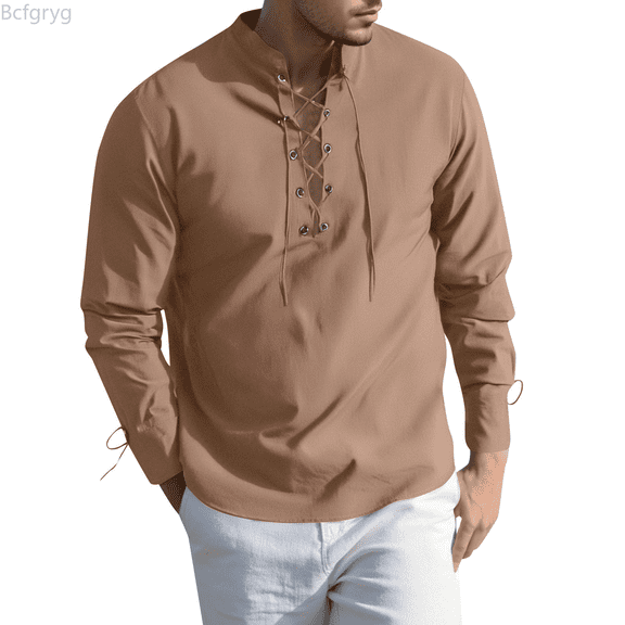 Bcfgryg Style Men's Shirt Long Sleeve Casual Daily Wear Tunic Top With Drawstring Pure Color Soft Stretch Fabric For All Seasons Men Shirts Casual Brown L