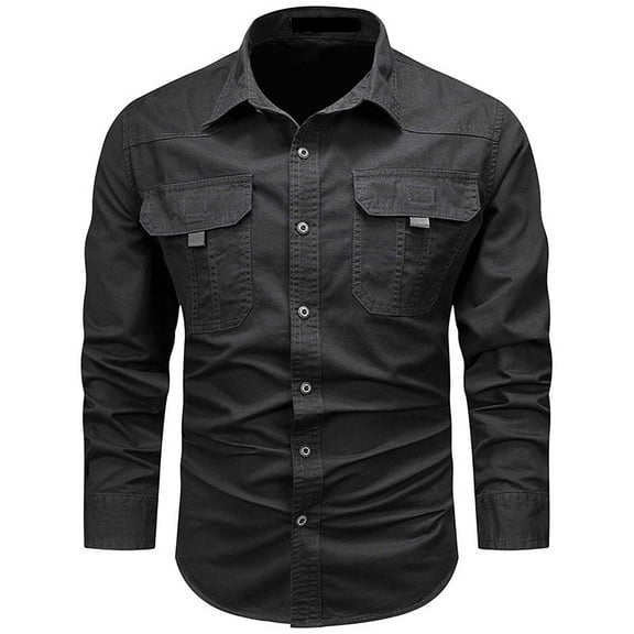 Bcfgryg Men Hoodless Long Sleeve Solid Color Pocket Shirt Coat Male Leisure Retro Style Big and Tall Men's Shirts