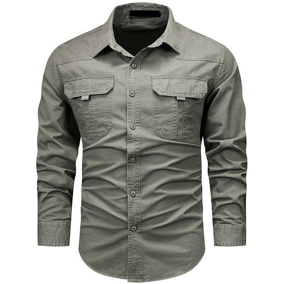 Bcfgryg Men Hoodless Long Sleeve Solid Color Pocket Shirt Coat Male Leisure Retro Style Big and Tall Men's Shirts