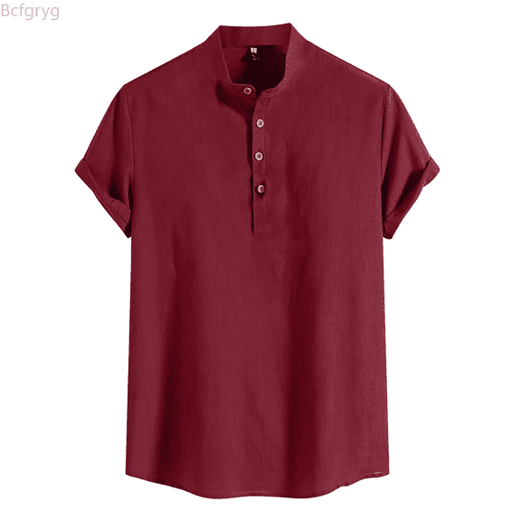 Bcfgryg Men'S Fashion Spring And Summer Casual Short Sleeved Lapel Solid Color Shirt Blouse Big and Tall Shirts Red XL