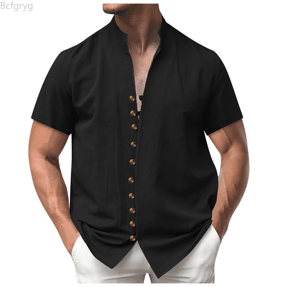 Bcfgryg Men Solid Color Retro Linen Button Up Cardigan Stand Up Short Sleeved Shirt European And Casual Loose Fashion Top Western Shirts Black L