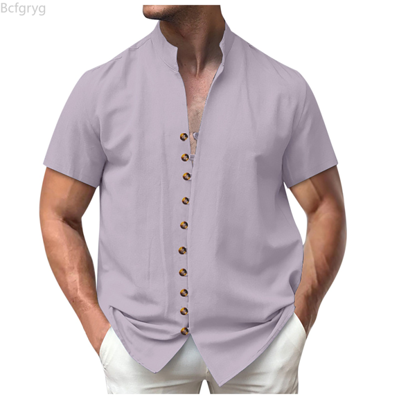 Bcfgryg Men Solid Color Retro Linen Button Up Cardigan Stand Up Short Sleeved Shirt European And Casual Loose Fashion Top Western Shirts Purple L