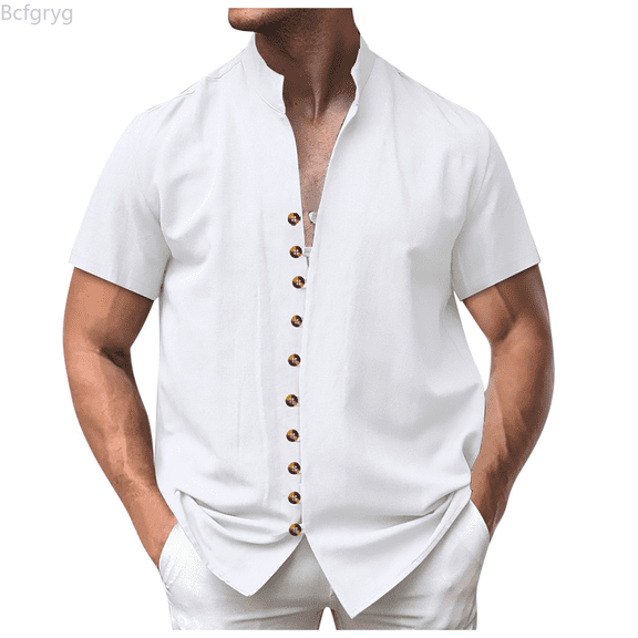 Bcfgryg Men Solid Color Retro Linen Button Up Cardigan Stand Up Short Sleeved Shirt European And Casual Loose Fashion Top Western Shirts White L