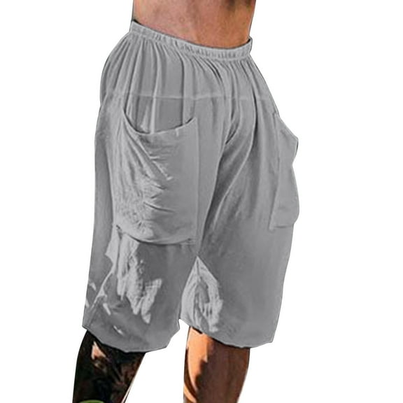 Bcfgryg Men Summer Solid Color Casual Shorts Loose Elastic Waist Pocket Beach Pants Men's Shorts Grey M