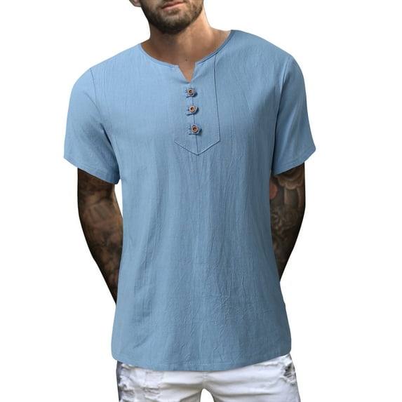 Bcfgryg Men Summer Solid Color Cotton And Linen Short Sleeve V Neck Button T Shirts Men Shirts Blue