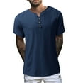 thumbnail image 1 of Bcfgryg Men Summer Solid Color Cotton And Linen Short Sleeve V Neck Button T Shirts Men Shirts Blue, 1 of 5
