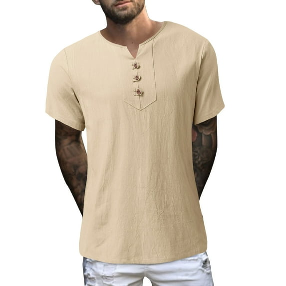 Bcfgryg Men Summer Solid Color Cotton And Linen Short Sleeve V Neck Button T Shirts Men Shirts Yellow